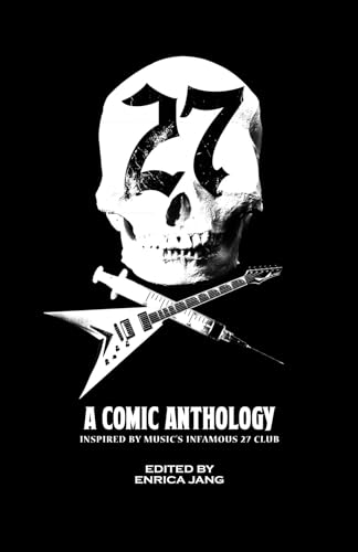 Black and white cover with skull, number 27, guitar, and syringe.