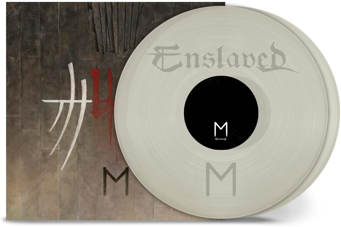 White vinyl record with black label and textured, dark album cover.