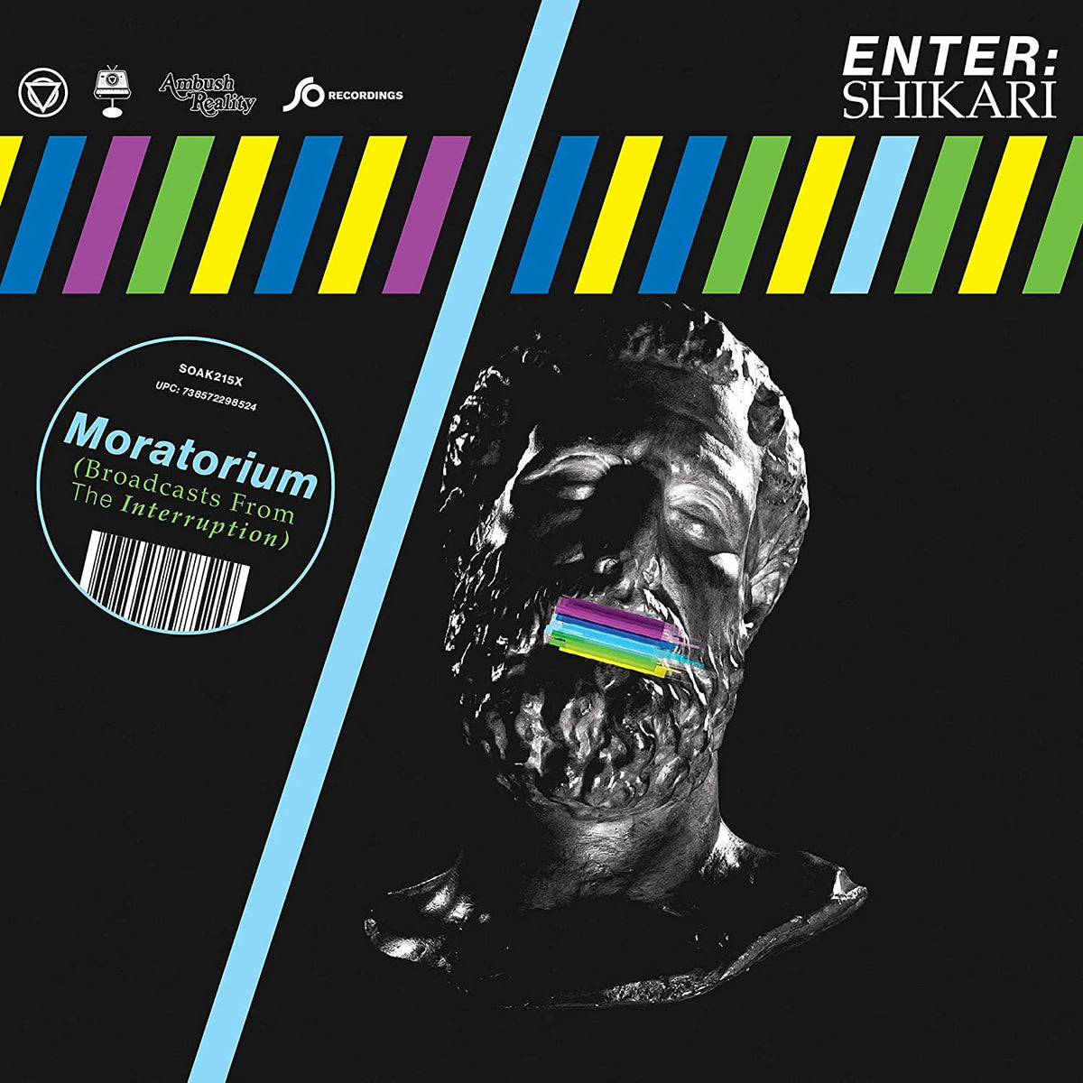 CD cover for Enter Shikari’s “Moratorium” featuring a distressed face with rainbow stripes.