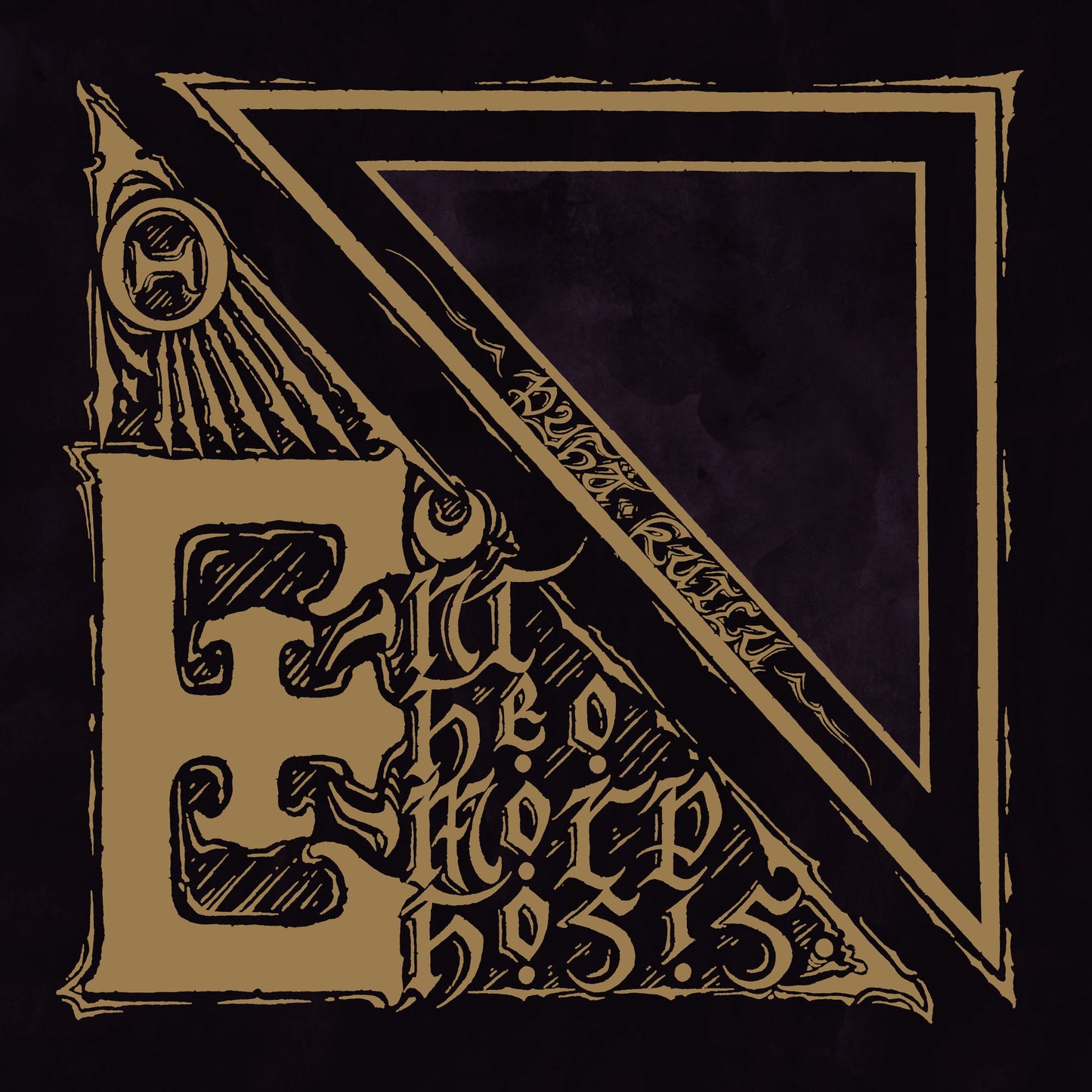 Golden, ornate letter “E” and triangle design on a dark purple background.