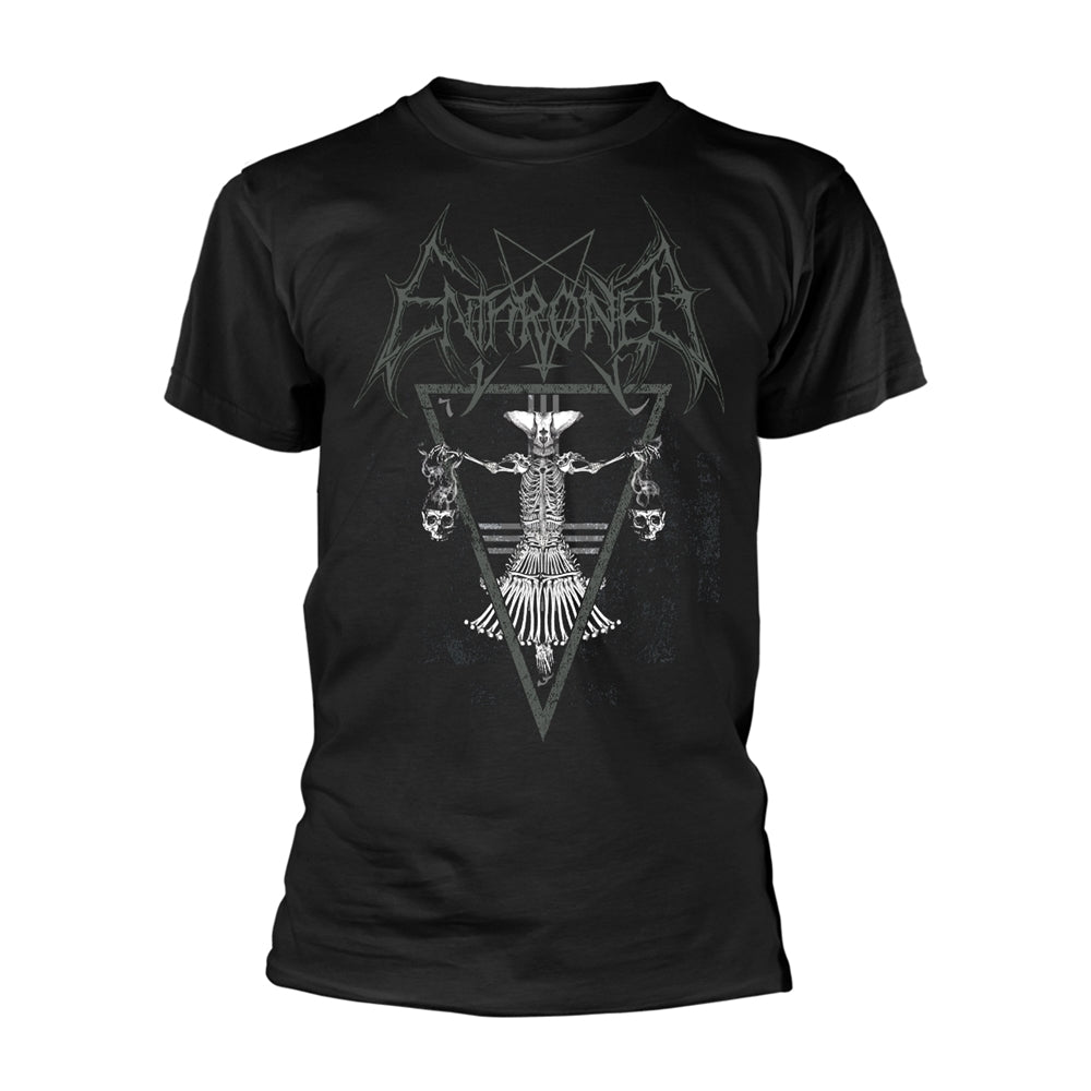 Black t-shirt with white skeletal figure and band logo print.