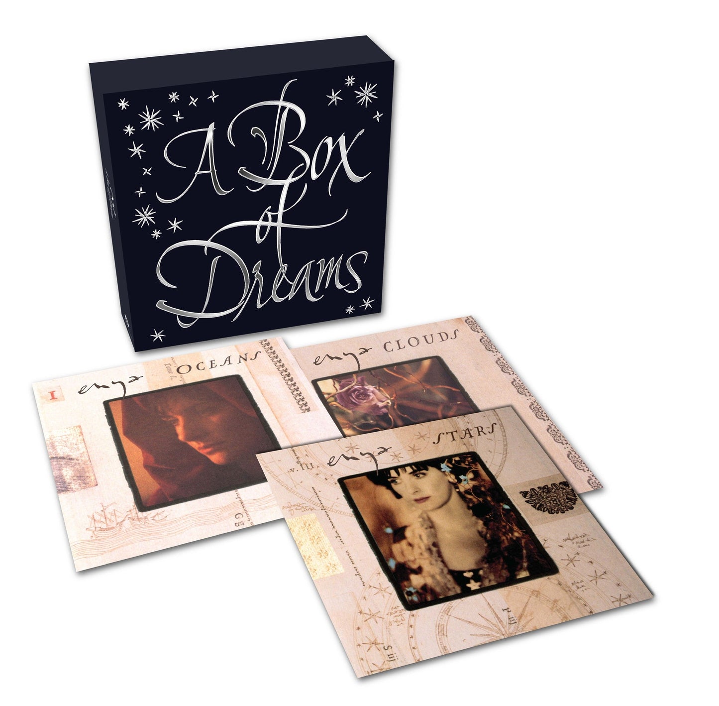 Black Enya vinyl box set with four album covers displayed.