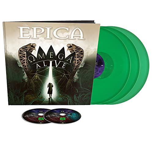 Omega Alive" Blu-ray and green vinyl records in a decorative box set.