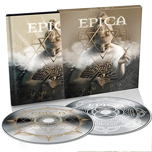Epica’s Omega album cover: woman with geometric shapes and clouds.