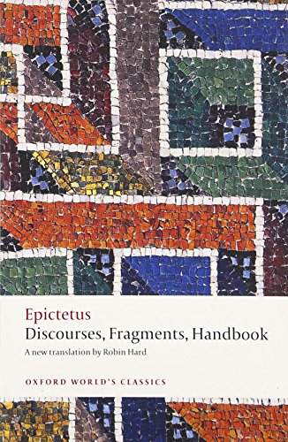 Book cover of Epictetus Discourses, Fragments, Handbook featuring a colorful geometric mosaic pattern.