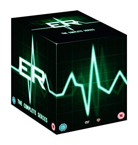 Black "ER" DVD box set with green heartbeat graphic and ratings logos.