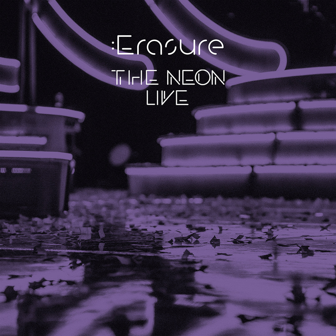Erasure’s “The Neon” live album cover with purple neon text and imagery.