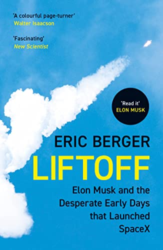 Book cover for “Liftoff” about Elon Musk and SpaceX, with rocket trail.