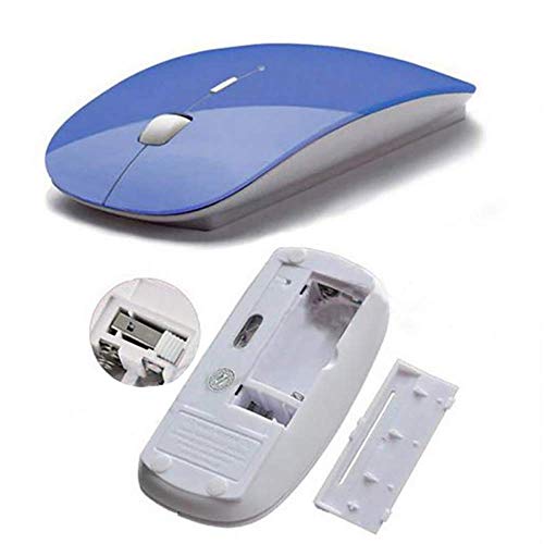 Blue and white wireless computer mouse with disassembled parts shown.