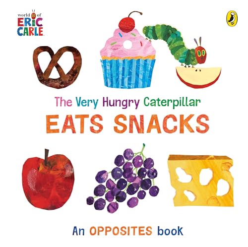 Colorful caterpillar eating snacks: pretzel, cupcake, apple, grapes, and cheese.