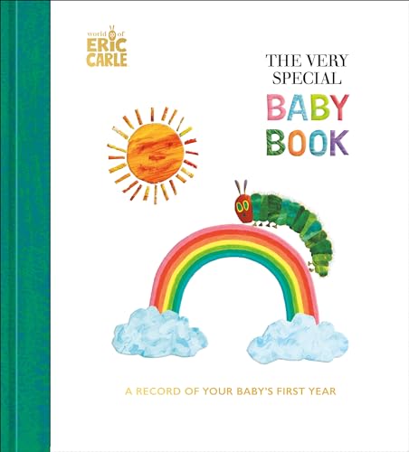 Baby book cover with sun, rainbow, and the Very Hungry Caterpillar.