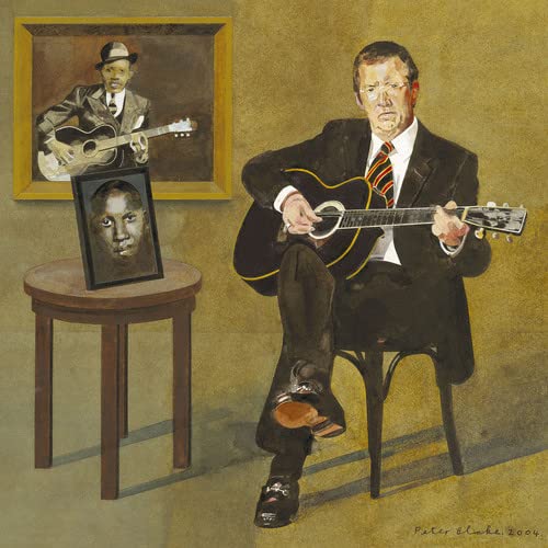 Eric Clapton with Robert Johnson portrait, painted in a formal style.