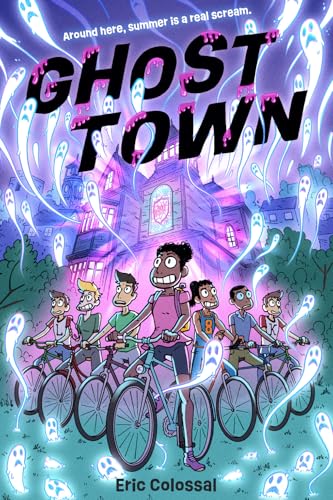 Graphic novel cover: children on bikes with ghosts near a building.