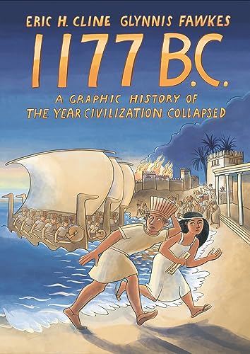 Book cover depicting a fleeing crowd and burning city by the sea.