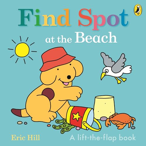 Book cover: Spot the dog at the beach with a seagull and crab.