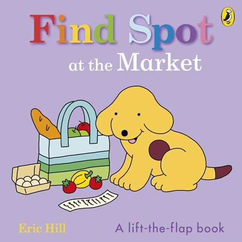 Book cover showing Spot the yellow puppy next to a shopping bag of groceries.