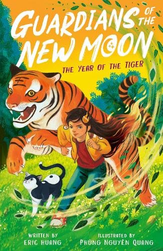 A girl runs with a large tiger and a small cat in a field.
