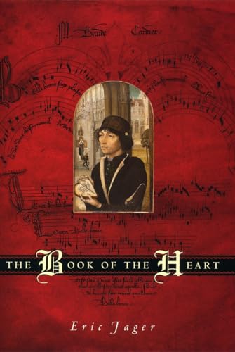 Red book cover with portrait of a man holding sheet music.