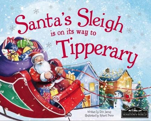 Santa in a sleigh filled with gifts flies over a snowy Tipperary.