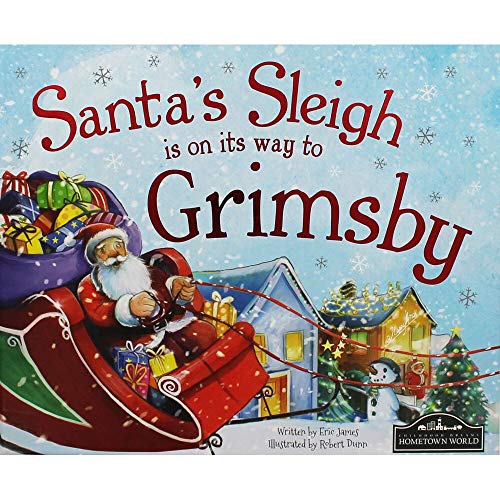 Santa in a red sleigh flying over snowy houses towards Grimsby.