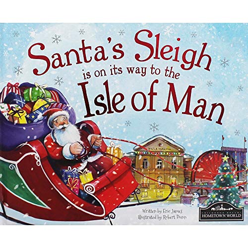 Santa in a red sleigh flies over a coastal town, Isle of Man.