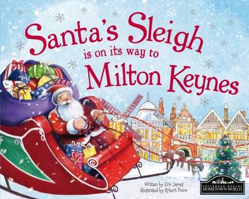 Santa in a sleigh flies over a snowy Milton Keynes cityscape.