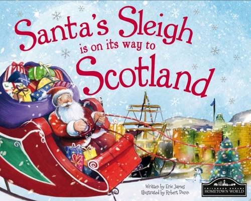 Santa in a sleigh flies over a Scottish castle town.