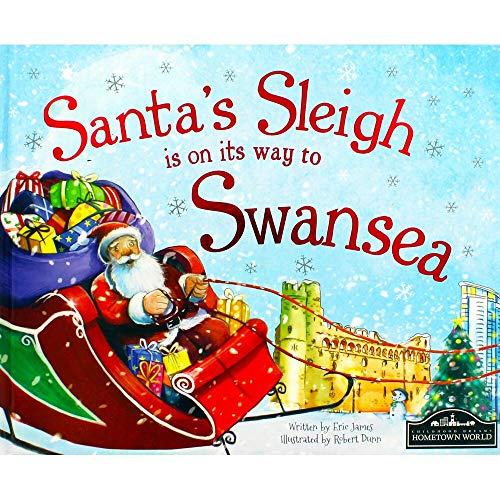 Santa in a sleigh flies over Swansea castle with presents.