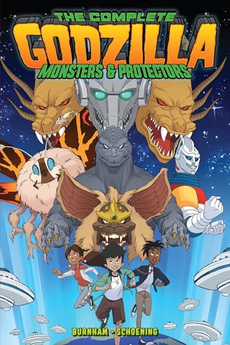 Godzilla comic book cover featuring monsters, protectors, and children.