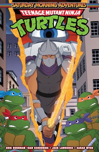 The Shredder stands before the four Ninja Turtles in a comic book cover illustration.