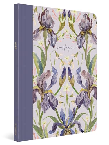 A prayer journal with a purple spine and floral watercolor cover featuring the word Hope.