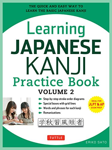 Book cover for “Learning Japanese Kanji Practice Book Volume 2” with students.