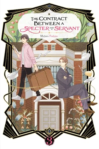 Light novel cover with two men, a house, and floral art deco frame.