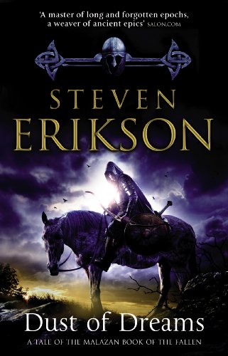 Book cover: "Dust of Dreams" by Steven Erikson, with rider on horseback.
