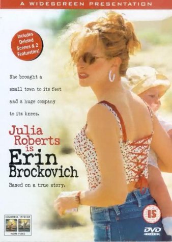 DVD cover featuring Julia Roberts as Erin Brockovich with a child on her back.