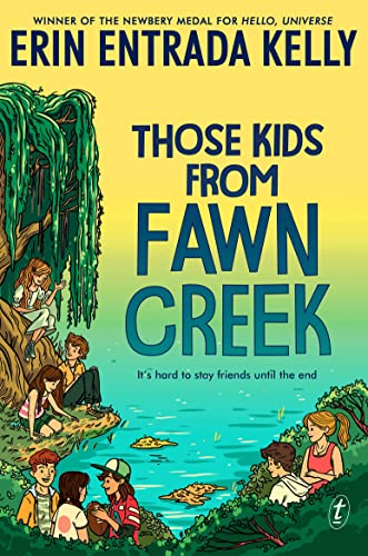 Book cover: illustrated group of children by a riverbank.
