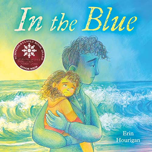 A person in blue tones hugs a child by the ocean at sunset.