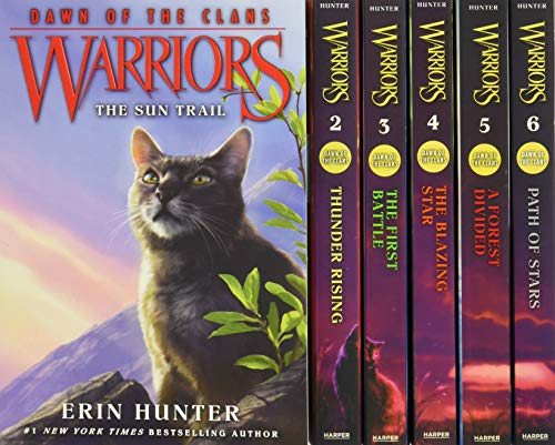 Warriors Dawn of the Clans six-book box set featuring cat illustrations on book covers.