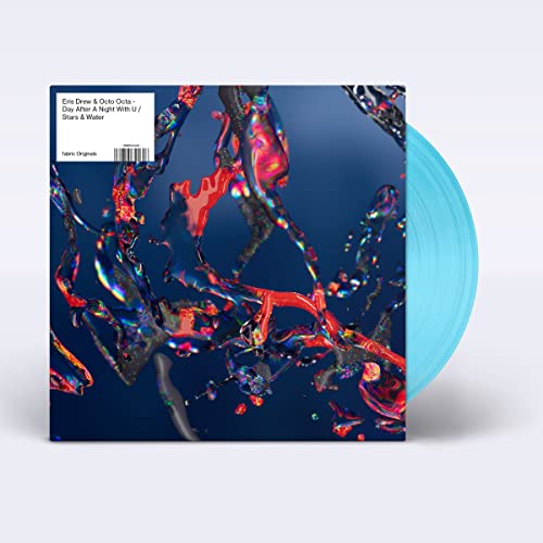 Vinyl record cover with abstract colorful water splashes and a blue record.