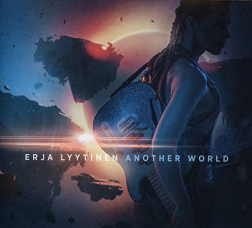 Erja Lyytinen with a guitar against a backdrop of floating rocks and a planet.