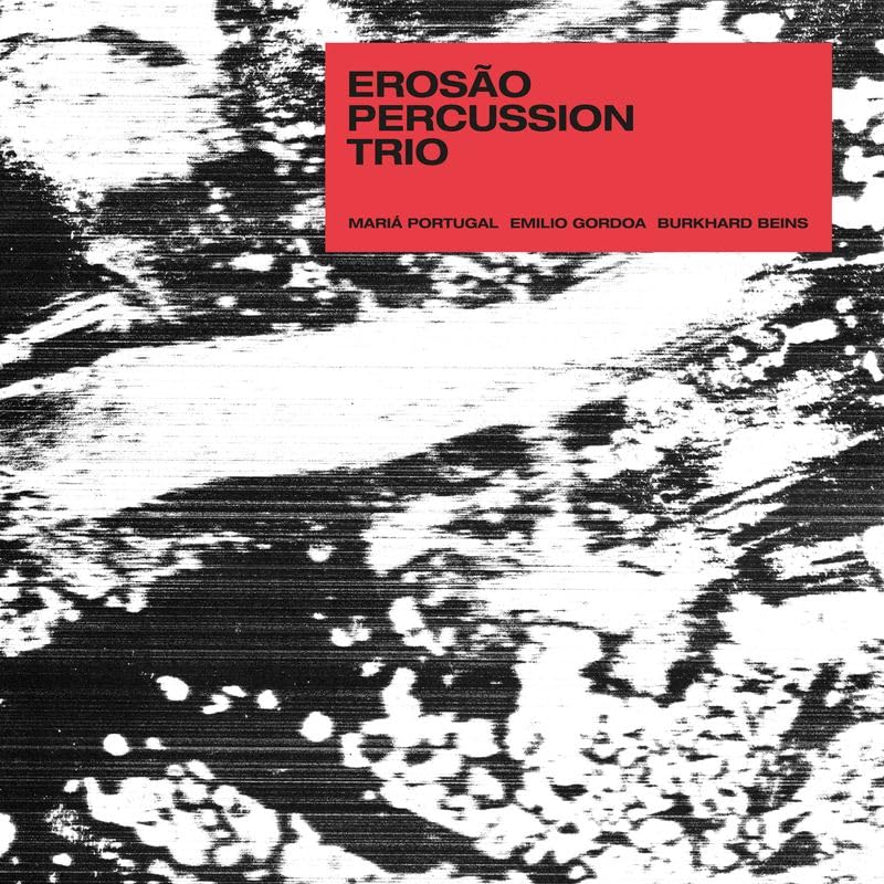 Vinyl album cover for Erosão Percussion Trio, with abstract black and white imagery.