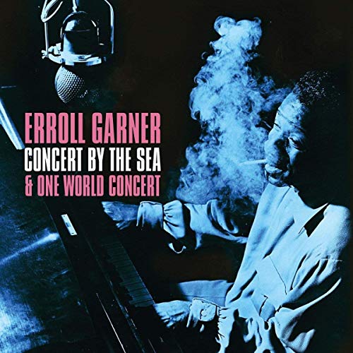 Erroll Garner at a piano with smoke, album cover for “Concert By The Sea.”