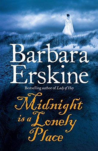 Book cover: woman in white on dunes, dark blue and gold text.
