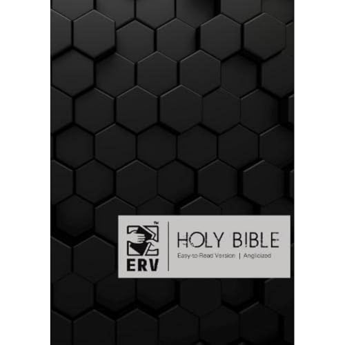 Black hardback Holy Bible with a textured hexagonal pattern and white title label.