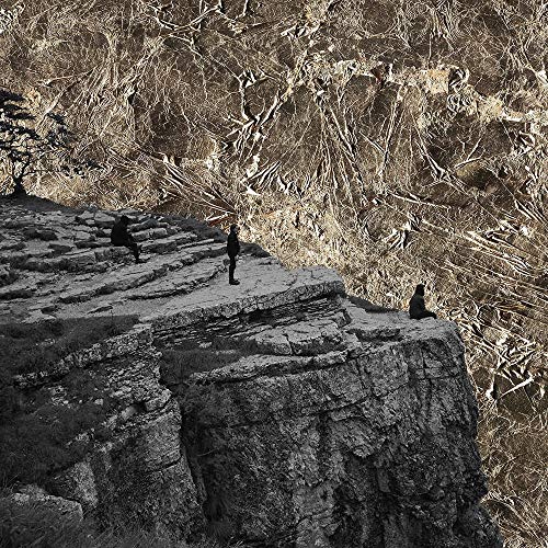 "CD cover art: three silhouetted figures on a rocky cliff with dry, tangled vegetation."