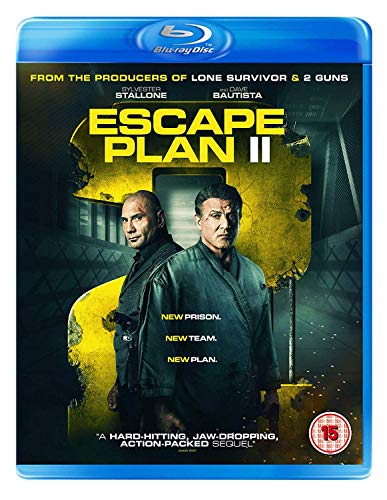 Blu-ray cover for "Escape Plan 2" featuring Sylvester Stallone and Dave Bautista.