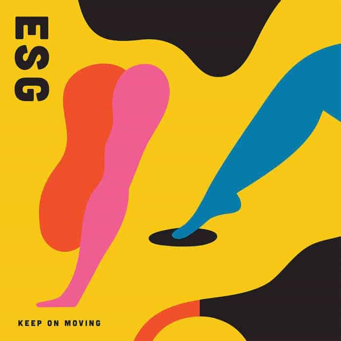 Neon orange vinyl record of ESG’s “Keep On Moving,” with barcode.