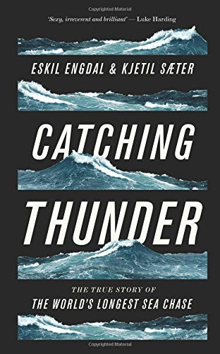 Book cover: stormy seas, large white text reads "Catching Thunder.