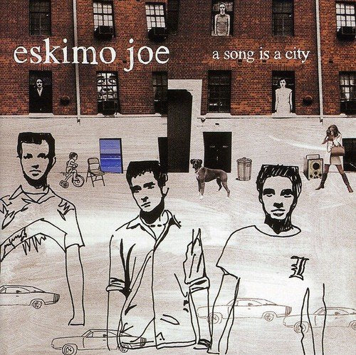 "Eskimo Joe album cover featuring band members and city street illustration."