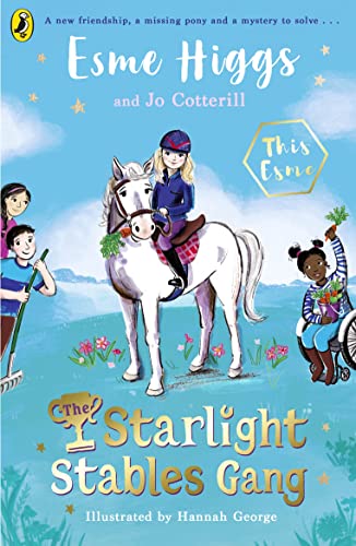 Book cover showing a girl riding a white pony with friends in a field.